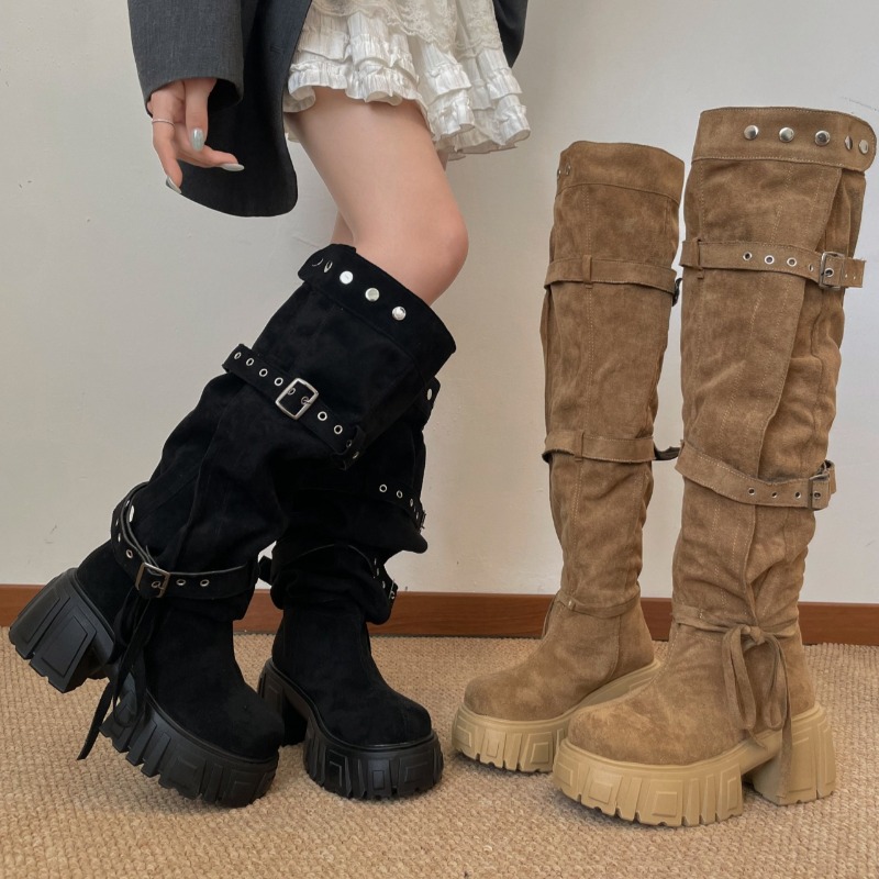 2026 Fashion Punk Style Buckle - Women'S Fashion Knee High Boots 评论和价格