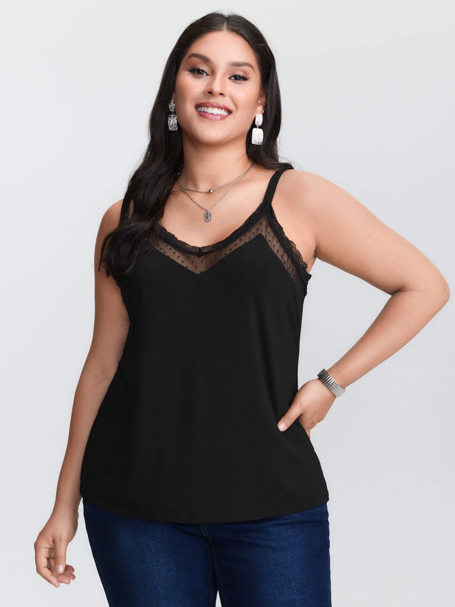 Plus‑size Black Knitted Camiso - Lace Trim Cami 评论和价格